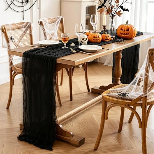 6Pcs Black Table Runner, 10FT Black Cheesecloth Halloween Table Runner 35*120inch Boho Runner for Halloween Indoor Table Kitchen Party Decorations