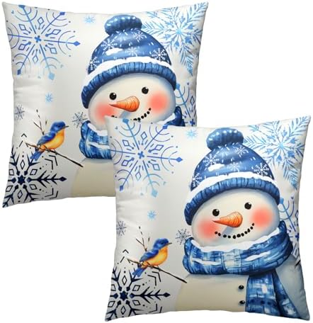 Winter Snowman Throw Pillow Covers 18x18 inch Set of 2 Christma Snowman Blue Snowflakes Bird Decorative Pillowcase Xmas Holiday Cushion Cover for Home Sofa Patio