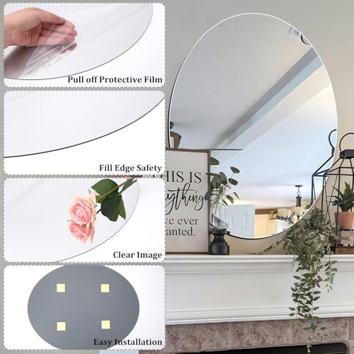 JUNEBRUSHS Oval Mirror, Acrylic Oval Bathroom Mirrors 17x14 Inchs | Unbreakable Frameless Wall-Mounted Mirrors, for Wall Bedroom Home Decor