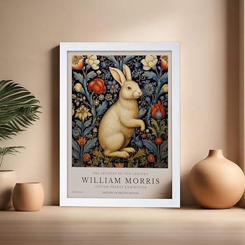 Poster Master William Morris Poster - White Rabbit Print - Flower Art - Animal Artwork - Floral Design - Bunny Illustration - Great Office or Bedroom Decor - 16x20 White Framed