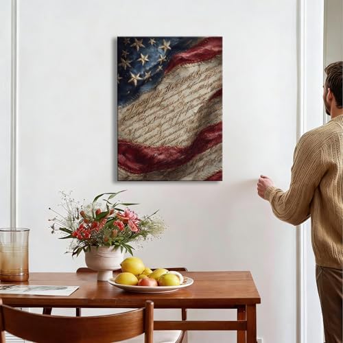 RIBNTAK 4th of July Wall Art Canvas Prints Pictures Patriotic American Flag Artwork Constitution Decor Americana Wall Decor Rustic Vintage Home Decorations for Living Room Bedroom Office Farmhouse