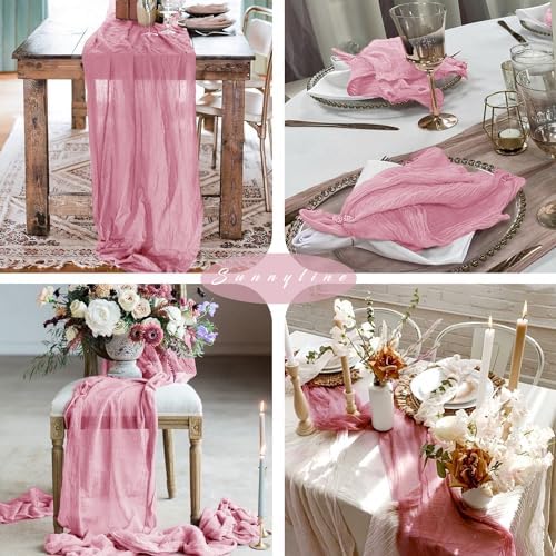 Cheesecloth Table Runner 10FT Dusty Rose Runner for Tables Gauze Fabric Boho 35 x 120 Inches Long Table Runner Decoration Rustic Sheer Runner for Wedding Baby Birthday Party (Dusty Rose)