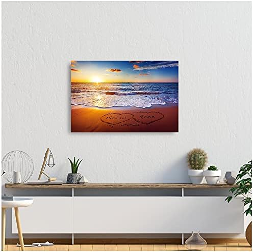 Love on Beach Heart in Heart Personalized Canvas Prints Artwork with Couple's Names and Date on,Perfect Love Gift for Anniversary,Wedding,Birthday and Holidays.24X36 inches