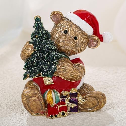 Hand Painted Christmas Trinket Box for Home Decor Accents, Enamel Hinged Jewelry Box for Bookshelf Office Table Desk Decor, Classical Figurine Collectible Keepsake Sculptures (Brown Christmas Bear)