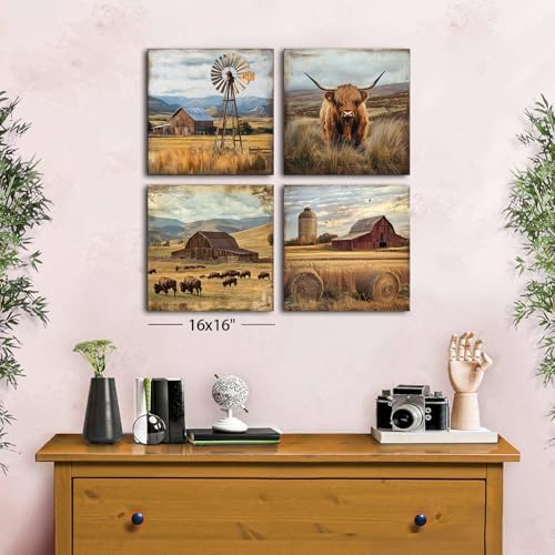 Highland Cow Wall Art Rustic Farmhouse Wall Decor Country Farm Animal Pictures Vintage Barn Windmill Landscape Canvas Prints Painting Modern Artwork for Bedroom Living Room Home Decoration 16x16" 4Pcs