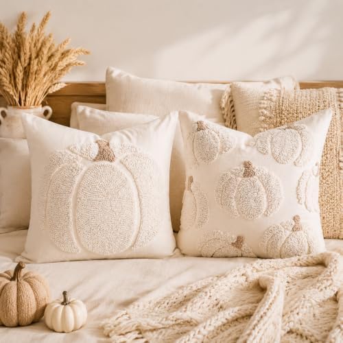 GEEORY Fall Tufted Pumpkin Pillow Covers Set of 2 20x20, Farmhouse Beige
