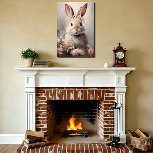 Large Vintage Bunny Wall Art Canvas Prints - Easter Rabbit Floral Framed Painting for Living Room Entryway Wall Decor,Simple Spring Decorations, Bedroom Artwork Picture