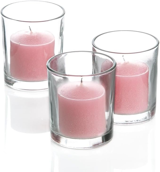 Set of 144 Richland Votive Candles Pink Unscented and 144 Clear Glass Eastland Votive Holders