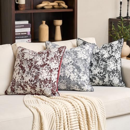 Alerfa Burgundy Neutral Floral Pillow Cover 18 x 18 Inch, Vintage Chenille Square Couch Pillow Cover Soft Decorative Farmhouse Accent Pillowcase for Living Room Bedroom