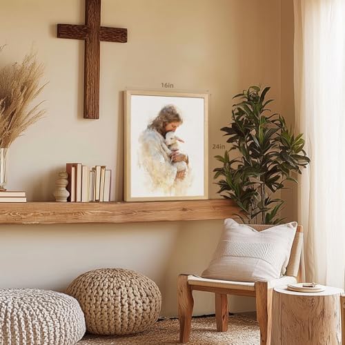 EisEver Jesus Holding Lamb Wall Art, Christian Good Shepherd Religious Decor, Inspirational Jesus and Lamb Canvas Print, Biblical Faith Artwork for Bedroom Prayer Room Church Wood Framed 16x24 Inch