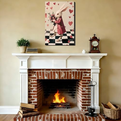 Whimsical Easter Bunny Canvas Art 8x12, Romantic Framed Rabbit Picture for Hallway, Bedroom, Light Spring Heart Pictures for Easter Dinning Room Home Wall Decoration