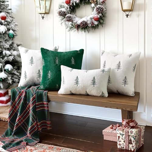 MIULEE Christmas Decorative Faux Fur Pillow Covers 16x16 Inch White Green