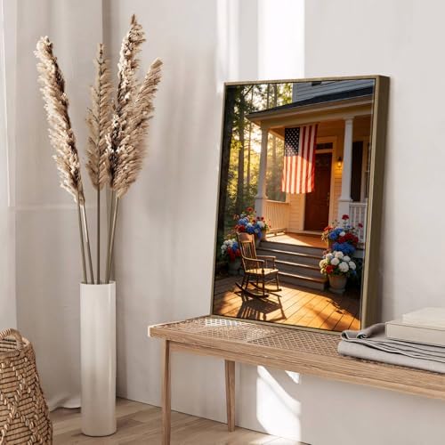 American Flag Framed Canvas Wall Art, 4th of July Patriotic Canvas Prints | Summer Cottage Landscape Poster Print, Vintage Independence Day Wall Decor for Bedroom Living Room Office 24×36in