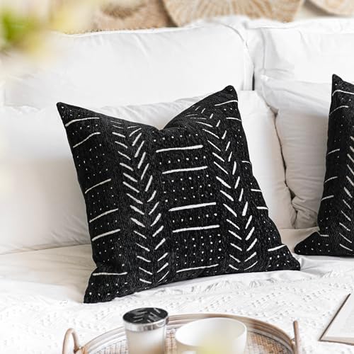 BlissBlush Black Decorative Throw Pillow Covers 20X20, Set of 2, Boho Farmhouse Cushion Cover, Cozy Soft Accent Pillowcase for Couch Sofa Bed Living Room Home Décor