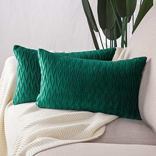 MADIZZ Set of 2 Super Soft Velvet Decorative Throw Pillow Covers 12x20 inch Green Rectangular with Texture Luxury Style Cushion Case Pillow Shell for Sofa Bedroom
