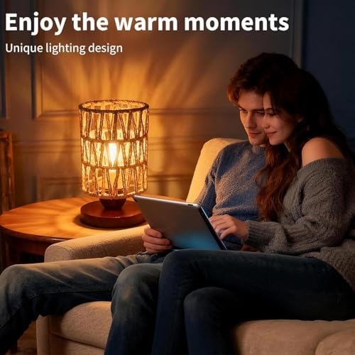 Handmade Rattan Lamp Farmhouse Table Lamp for Bedroom, Stepless Dimming Rustic Woven Lamps for Night Stands with Warm White LED Bulb, Boho-Inspired Boho Lamps for Living Room Kitchen Nook
