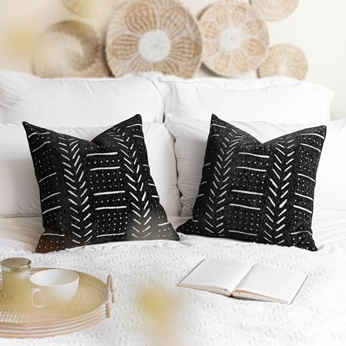 BlissBlush Black Decorative Throw Pillow Covers 20X20, Set of 2, Boho Farmhouse Cushion Cover, Cozy Soft Accent Pillowcase for Couch Sofa Bed Living Room Home Décor