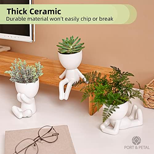 Port&Petal Small Succulent Pots with Drainage (Set of 3) - Ceramic Planters for Live Plants, Air Plants or Fake Plants Decor - Cute Planters for Indoor Decor - Small Pots for Home Office Décor - White