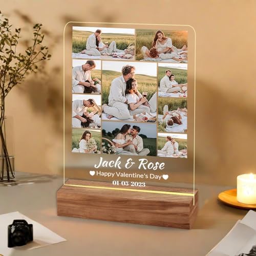 Personalized Photo Acrylic Happy Fathers Day Sign Plaque Gifts for Dad Papa Grandpa from Daughter Son Wife Customizable LED Night Light Wooden Base Lamps Desk Bedroom Decor Signs