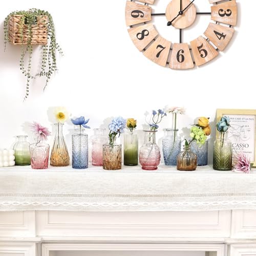 CUCUMI 12pcs Bud Vases for Centerpieces, Colorful Vintage Glass Vase Set | Small Colored Vintage Vases for Centerpieces, Decorative Flower Vases for Wedding Home Table Decor(Amber, Blue, Green, Pink)
