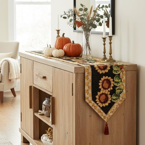 Tache Fall Table Runners 90 inches Long Sunflower Field Scarecrow Thanksgiving Table Runner Leaves Vintage Farm Harvest Table Runner Decorative Woven Black Yellow Tapestry Autumn Table Runner 13x90