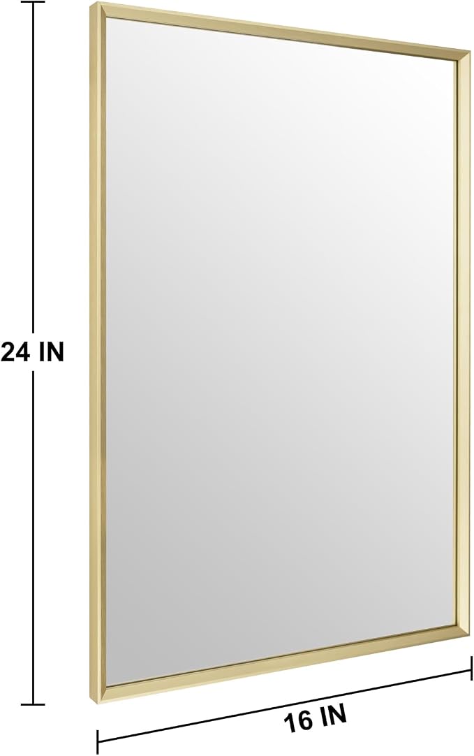 Bathroom Mirror for Wall, 24x16 Inch Framed Vanity Mirror Brushed Gold | Rectanglar Metal Beveled Framed Mirror for Over Sink, Tempered Glass, Anti-Rust, Hangs Horizontally or Vertically