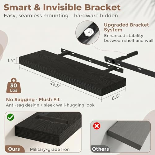 FLYJOE 22.5 Inch Floating Shelves for Wall Set of 2, 6.5" D Wood Grain Bathroom Shelves with Invisible Brackets, Easy Install Engineered Wood Storage Shelves for Kitchen, Living Room, Bedroom