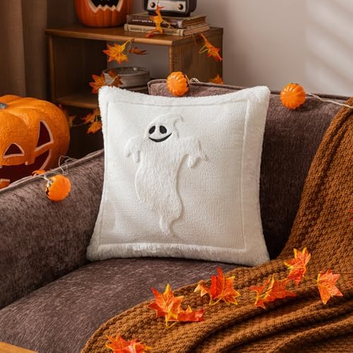Black Halloween Ghost Throw Pillow Covers 18x18 Inch Set of 2, Soft Fluffy Embroidered Fall Couch Cushion Covers with Full Ghost Pattern for Sofa Farmhouse Living Room Spooky Decor B