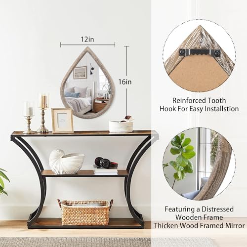Small Mirror for Wall Solid Wood Bathroom Mirror Farmhouse Teardrop Wall Hanging Mirrors Decorative for Entryway Hallway Living Room Bedroom Retro Brown