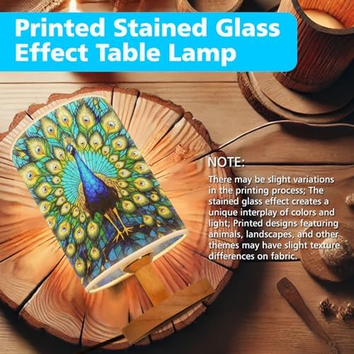 Peacock Table Lamp LED 3-Color Pressed Bedside, Peacock Shade Lamp with Wood Base for Bedroom Living Room Desk Office TL01