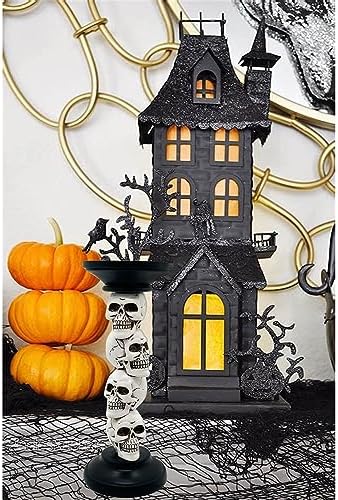 Pillar Candle Holder for Halloween Decoration Indoor, Skull Candlestick Holder, Skeleton Candlestick Holder Spooky Decor Black Taper Candle Holders