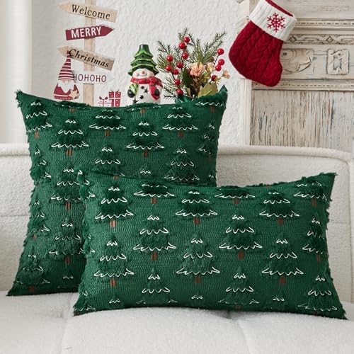 Kevin Textile Christmas Tree Pillow Covers 18x18 Inch Set of 2 Soft Plush Faux Fur with White Snow Embroidery Decoration Pillowcases for Couch Sofa Holiday Festivals Winter Xmas Gift, Dark Green