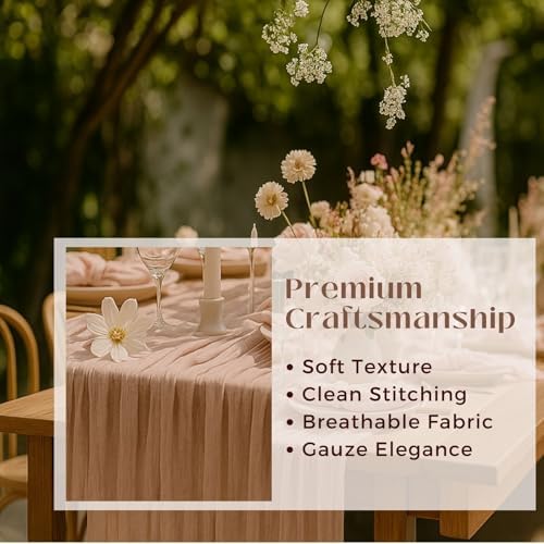 12 Pack Dusty Pink Cheesecloth Table Runners – 10FT Blush Gauze Boho Table Decor Set for Bridal Shower, Mother’s Day Brunch, Baby Girl Party, or Romantic Wedding Reception