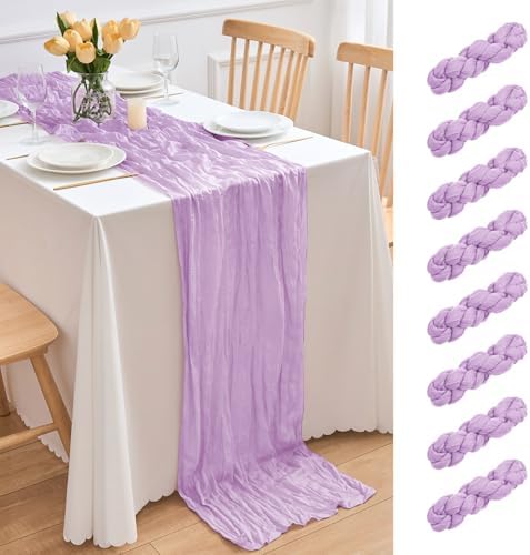 8 Pack Lavender Cheesecloth Table Runner 21.5 x 120 Inches Boho Gauze Table Runners 10FT Long Cheese Cloth Table Runner for Bridal Shower Baby Shower Birthday Party Wedding Decor