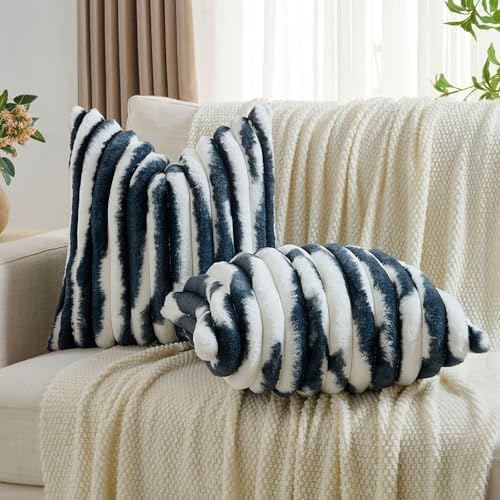 FUTEI Pack of 2 Faux Fur Throw Pillow Covers 26x26 Inch, Navy Blue White