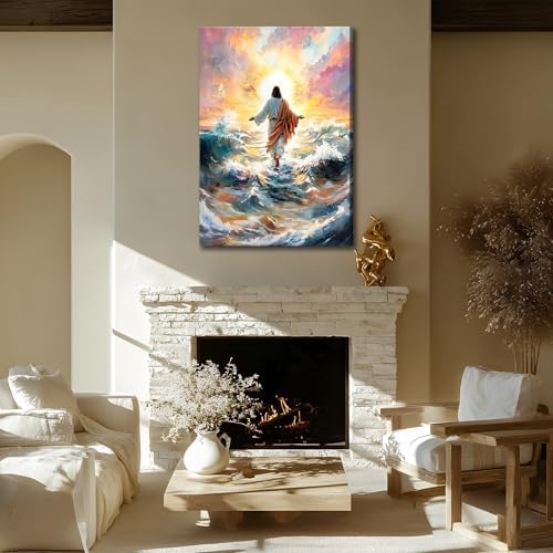 KYHDCJUB Jesus Walking On Water Wall Art Christian Spiritual Painting Wall Decor Jesus Christian Picture Prints Religious Prints Artwork for Living Room Bedroom Church Decor 12x16 Inch Ready to Hang