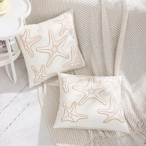 LUOYEHK Summer Embroidered Throw Pillow Covers 18x18 Inch Pack of 2, Beige Starfish Decorative Pillowcase Coastal Beach Cushion Covers for Couch Sofa Bed Home Decor