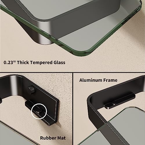 Danpoo 8-Inch Small Wall Shelf, Clear Tempered Glass with Matte Black Aluminum Frame – Sleek Floating Bathroom Organizer