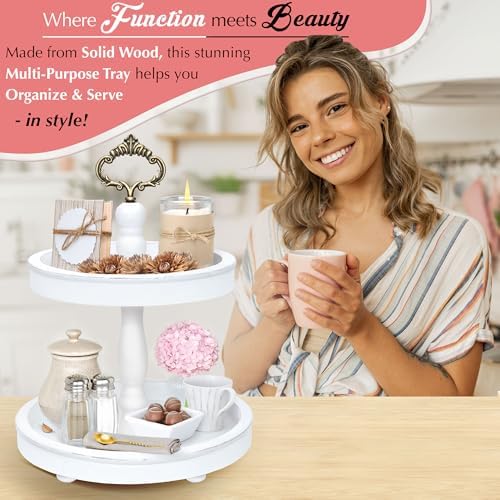 2 Tiered Tray Stand [Includes 3 Changeable Handles] - Rustic Cupcake Stand, Coffee Table Tiered Serving Tray for Kitchen Counter, Stunning Rustic Home Decor, Display Fruits, Plants, Candles (White)
