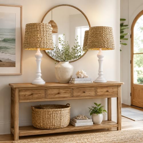 Maxax 26" Boho Rattan Table Lamps Set of 2 for Living Room, Coastal Bedside Lamps with Rattan Shade, Farmhouse Cottage Wicker Lamps, Rustic Resin Nightstand Lamps for Bedroom, White
