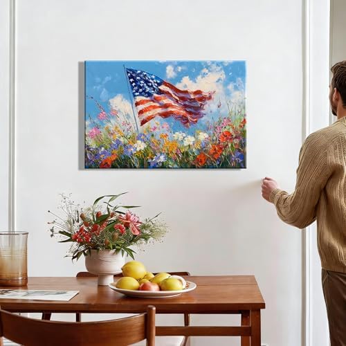 RIBNTAK Made in USA 4th of July Canvas Print Wall Art, Impressionist American Flag & Wildflowers Painting Artwork for Living Room, Patriotic Independence Day Pictures, Americana Home Decor