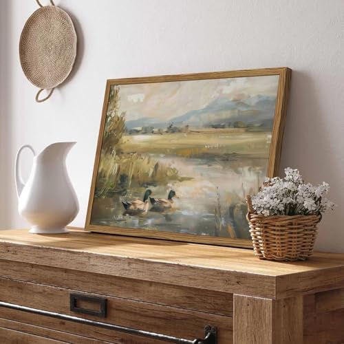 Framed Vintage Mallard Duck Wall Art Countryside Wildlife Pond Nature Canvas Prints Rustic Landscape Pictures Wall Decor for Living Room Bedroom Dining Room Offices 16x24 inch