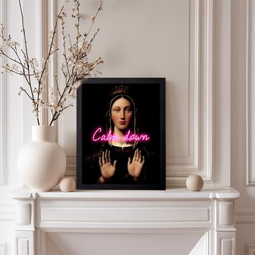 Poster Master Calm Down Print - The Virgin With The Crown Poster - Altered & Pop Art - Housewarming Gift for Men & Women - Chic Decor for Bedroom, Living Room or Dorm - 8x10 Black Framed