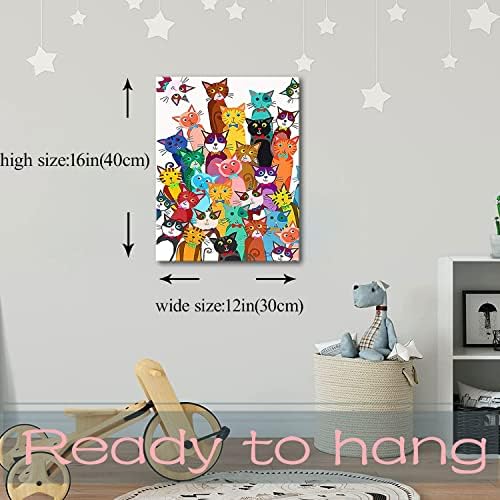 Funny Colorful Cat Bathroom Wall Art, Cute Cartoon Kitty Canvas Print | Framed Cat Poster Palyful Animal Picture Wall Decor for Bathroom Kids Bedroom Nursery Playroom 12x16 Inches