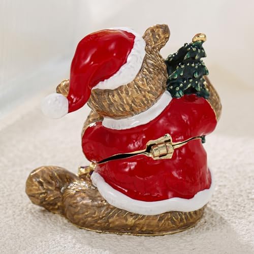 Hand Painted Christmas Trinket Box for Home Decor Accents, Enamel Hinged Jewelry Box for Bookshelf Office Table Desk Decor, Classical Figurine Collectible Keepsake Sculptures (Brown Christmas Bear)