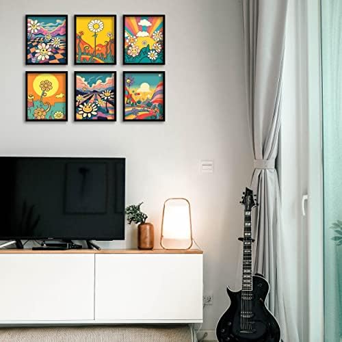 Hippie Wall Art Retro Wall Decor Prints Set of 6 Hippie Flower Canvas 60s 70s Vintage Posters Abstract Minimalist Inspirational Happy Face,Good day,Earth Day Photos Boho Positive Pictures for Living