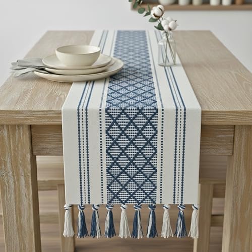 Boho Dining Table Runner 14 x 90 Inches Blue & Cream Woven Washable Console Table Runner with Tassels Dresser Scarf Farmhouse Long Bohemian Table Top Decorations with Fringe