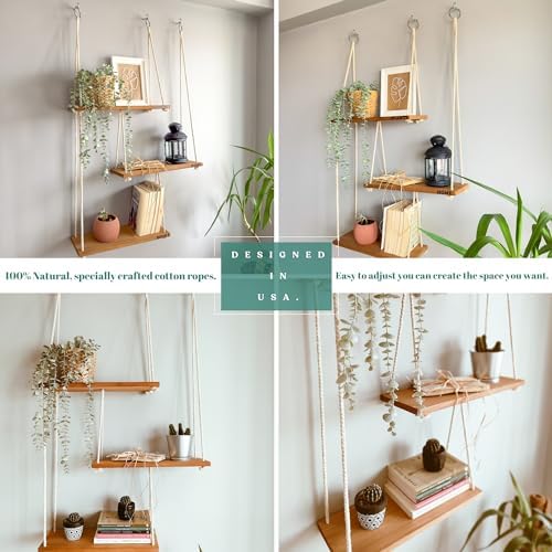 Boho Wall Shelves for Plants and Decor - Rope Hanging Shelves for Wall Decor in Living Room, Bedroom, Bathroom | Design Patented | by NWOOD