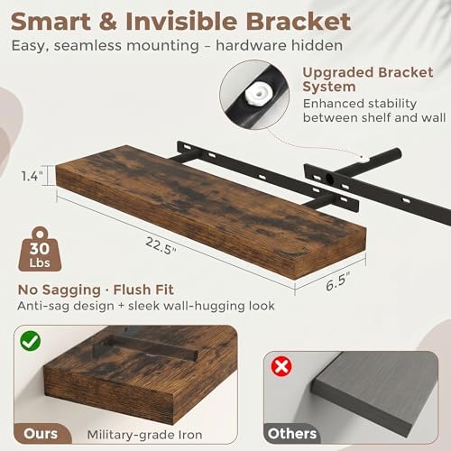 FLYJOE 22.5 Inch Floating Shelves for Wall Set of 2, 6.5" D Wood Grain Bathroom Shelves with Invisible Brackets, Easy Install Engineered Wood Storage Shelves for Kitchen, Living Room, Bedroom