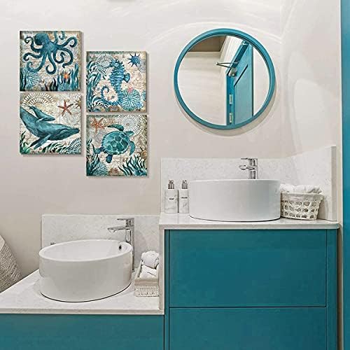 Bathroom Wall Art Beach Decor Ocean Sea Turtle Octopus Canvas Pictures Coastal Room Decor Teal Bathroom Accessories Vintage Whale Seahorse Poster Modern Nautical Painting Bedroom Home Decorations